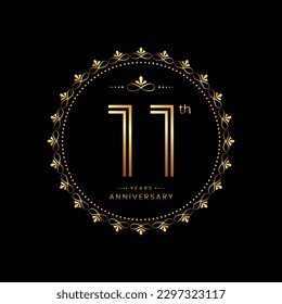 11th anniversary logo with golden number for celebration event, invitation, wedding, greeting card, banner, poster, flyer. Ornament vector design