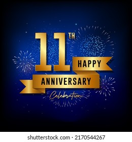 11th anniversary logo with golden ribbon for booklets, leaflets, magazines, brochure posters, banners, web, invitations or greeting cards. Vector illustrations.