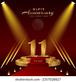 11th anniversary logo with numbers and podium in gold color, logo design for celebration event, invitation, greeting card, banner, poster, and flyer, vector template