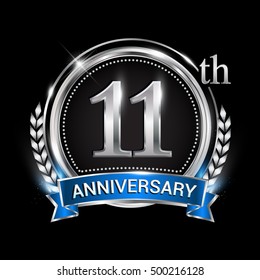 11th anniversary logo with silver ring combination blue ribbon and laurel wreath. Vector template for birthday celebration, party, wedding, invitation and greeting card