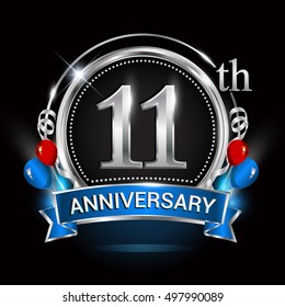 11th anniversary logo with silver ring,balloons and blue ribbon. Vector design template elements for your birthday celebration.