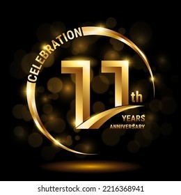 11th Anniversary Logo, Template design for anniversary celebration with golden ring and text, vector illustration