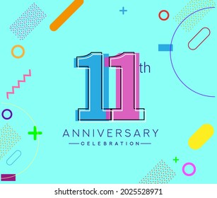 Logo del 11º aniversario, celebración del cumpleaños del diseño vectorial con fondo geométrico colorido.