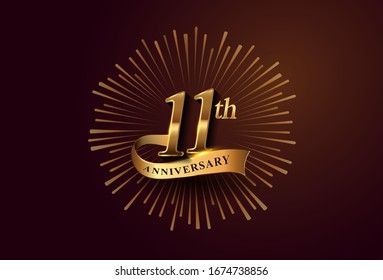 11th anniversary logotype with fireworks and golden ribbon, isolated on elegant background. vector anniversary for celebration, invitation card, and greeting card.