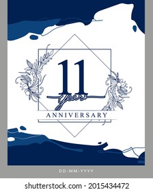 11th Anniversary logotype with hand drawn background blue color for celebration event, wedding, greeting card, and invitation.