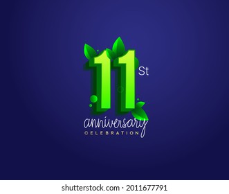 Logotipo del 11º aniversario con color de hoja y verde, aislado en fondo azul.