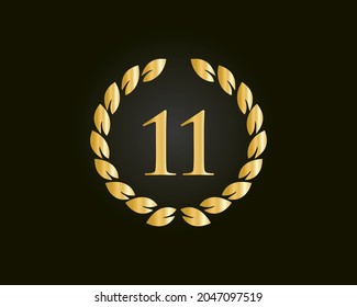 11th Anniversary Ring Logo Template. 11th Years Anniversary Logo With Golden Ring Isolated On Black Background, For Birthday, Anniversary And Company Celebration