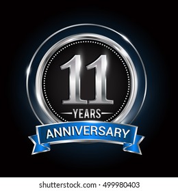 11th birthday logo with silver ring and blue ribbon, Vector design template elements for anniversary celebration, wedding, jubilee, greeting card, invitation, party.