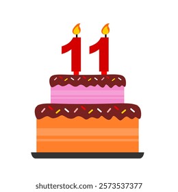 11th Chocolate birthday cake or anniversary wedding cake with red flamable numeral candles flat design vector illustration