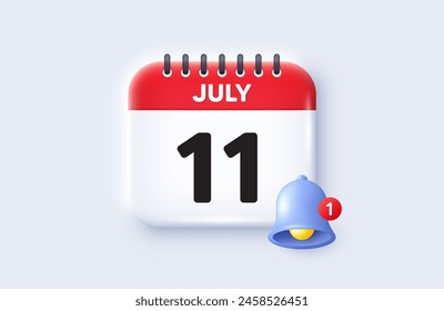 11th day of the month icon. Calendar date 3d icon. Event schedule date. Meeting appointment time. 11th day of July month. Calendar event reminder date. Vector