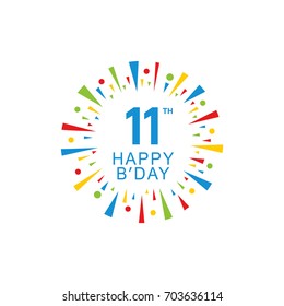 11th Happy Birthday logo, circle shape, colorful sunburst, red blue green yellow color
