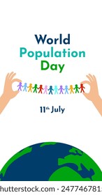 11th July World Population Day Banner. Hand holding colorful people figure chain holding hand together with world globe in the background.