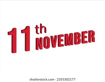 11 de noviembre , símbolo de calendario diario y fecha. Diseño moderno, renderización 3d. Fondo blanco.