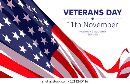 11th November - Veterans Day. Honoring all who served. Vector banner design template with American flag and text on white background.