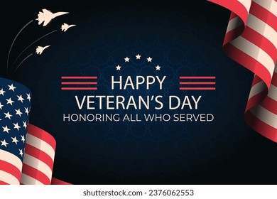 11th November - Veterans Day. Honoring all who served. Vector banner design template with American flag and text on dark blue background.