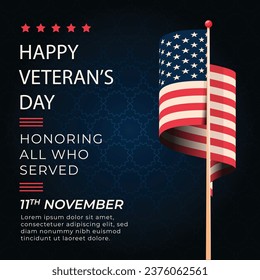 11th November - Veterans Day. Honoring all who served. Vector banner design template with American flag and text on dark blue background.