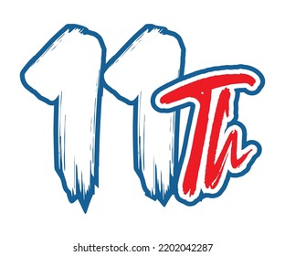 11th Ordinal Number counting vector art illustration with stunning font on red trim blue on white background