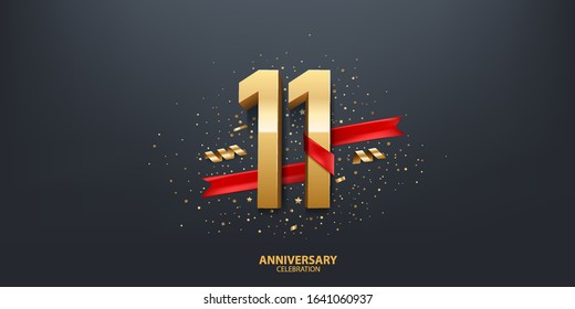 11th Year anniversary celebration background. 3D Golden number wrapped with red ribbon and confetti on black background.