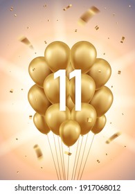 11th Year anniversary celebration background. Golden balloons and confetti with sunbeams in background.
