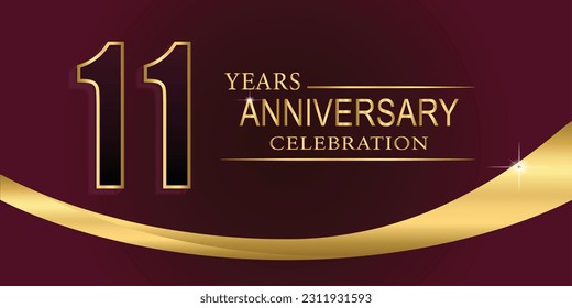 11th Year anniversary celebration background. Golden lettering and a gold ribbon on dark background,vector design for celebration, invitation card, and greeting card.