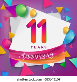 11th Years Anniversary Celebration Design, balloons and ribbon, Colorful design elements for banner, invitation, greeting card your eleven birthday celebration party.
