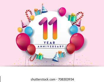 11th years Anniversary Celebration Design with balloons and gift box, Colorful design elements for banner and invitation card.