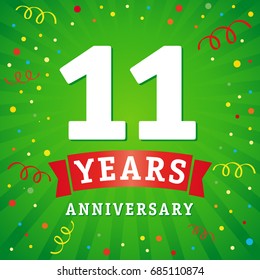 11th years anniversary vector background with red ribbon and colored confetti on green flash radial lines. 11 years anniversary logo celebration card