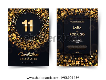 11th years birthday vector black paper luxury invitation double card. Eleven
years wedding anniversary celebration brochure. Template of invitational for print on dark background with bokeh lights 