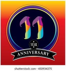 11th years greeting card anniversary with colorful number and frame. logo and icon with circle badge and background