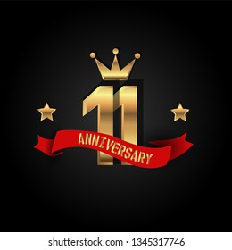 11years Anniversary simple design with golden font, star and crown and red ribbon. Red ribbon and golden text on top golden number. Gold stars are beside numbers. Golden Crown on top number