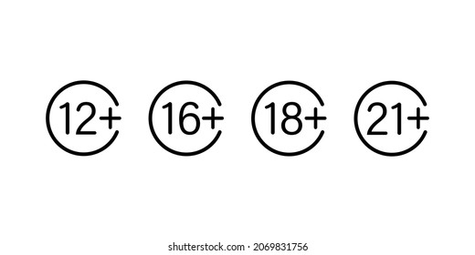 12, 16, 18, 21 más conjunto de iconos. Colección de advertencia de círculo plano de edad prohibida.