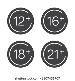 12, 16,18, 21 plus movie age content sign icon isolated vector illustration on white background.