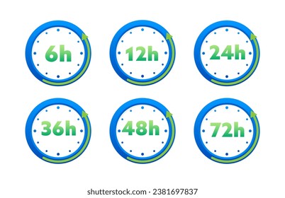 12, 24, 36, 48 and 72 hours clock arrow. Working and Delivery service effect time icons. Order execution. Vector stock illustration
