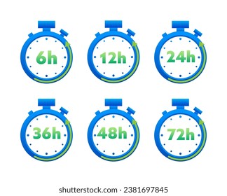 12, 24, 36, 48 and 72 hours clock arrow. Working and Delivery service effect time icons. Order execution. Vector stock illustration