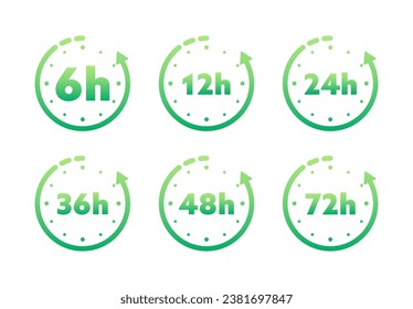 flecha de reloj de 12, 24, 36, 48 y 72 horas. Iconos de tiempo de efecto de servicio de trabajo y entrega. Orden de ejecución. Ilustración de material vectorial