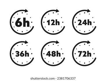 12, 24, 36, 48 and 72 hours clock arrow. Working and Delivery service effect time icons. Order execution. Vector stock illustration