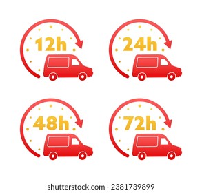 Pfeil 12, 24, 36, 48 und 72 Stunden. Symbole für die Arbeitszeit und den Lieferservice. Auftragsausführung. Vektorgrafik