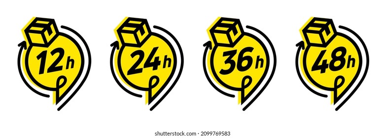 12, 24, 36 and 48 hours arrows vector clock icons.
Delivery service website symbols, online transaction remaining time. Vector work time effect or delivery time icons.
