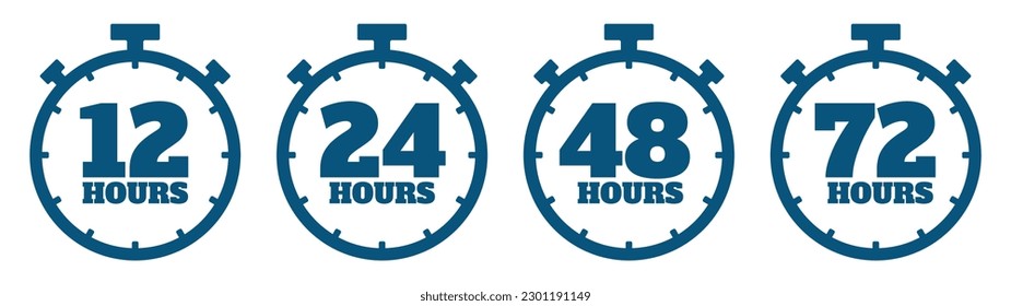 12, 24, 36, 48 horas vector de icono. Protección de seguridad 24 horas. Ilustración del vector plano. Icono de vector de reloj. icono de 24 horas