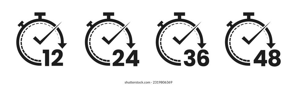 12, 24, 36 and 48 hours clock icon. 24 hours icon vector. Security Protection 24 hours. Flat Vector illustration.