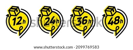 12, 24, 36 and 48 hours arrows vector clock icons.
Delivery service website symbols, online transaction remaining time. Vector work time effect or delivery time icons.
