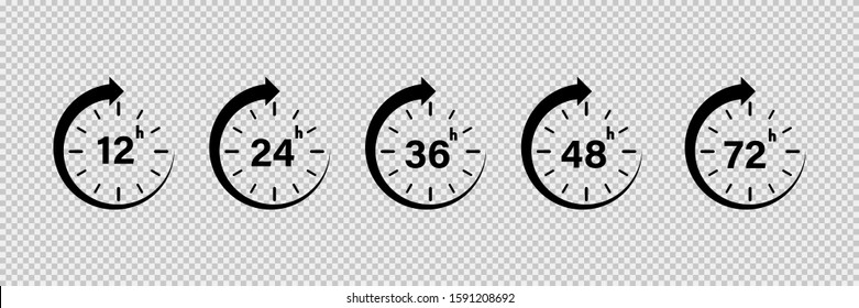 12, 24, 36,48 and 72 hours icon. Vector isolated service icons on transparent background. Clock arrow vector icon. Vector hours delivery service work. EPS 10