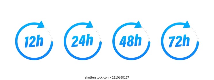 12, 24, 48 und 72 Stunden Markierungssymbol. Symbol für Arbeitszeit oder Lieferzeit, Vektorgrafik einzeln auf weißem Hintergrund. Vektorgrafik