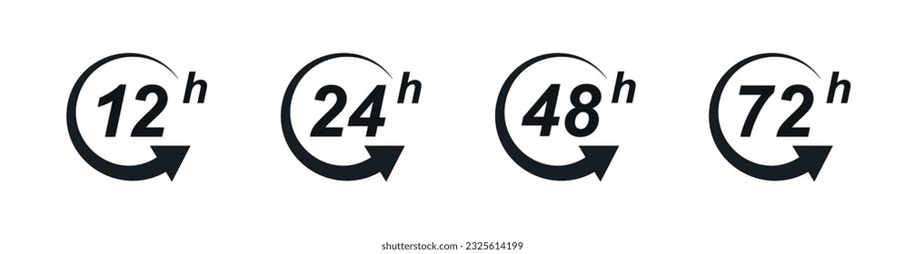 12, 24, 48 und 72 Stunden Markierungssymbol. Arbeitszeiteffekt oder Lieferdienstzeit und Dienstzeit. Pfeil nach 12, 24, 48 und 72 Stunden. Vektorgrafik.