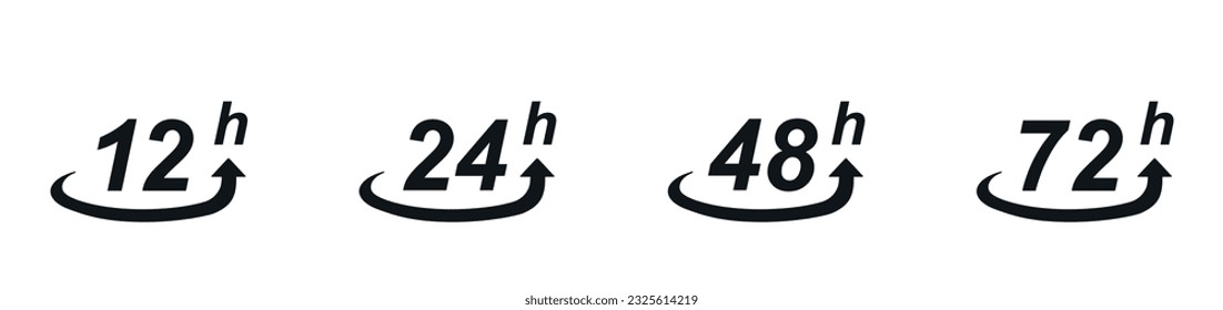 12, 24, 48 and 72 hour mark icon. Work time effect or delivery service time, and service time. 12, 24, 48 and 72 hours clock arrow. Vector illustration.