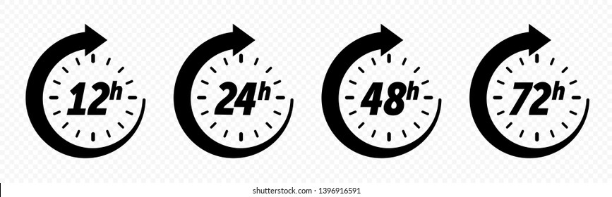 12, 24, 48 and 72 hours clock arrow. Vector work time effect or delivery service time icons - Shutterstock ID 1396916591