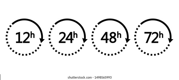 12, 24, 48 and 72 hours clock arrows. Set of black icons work time or delivery service time. Vector illustration