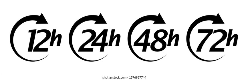 12, 24, 48 and 72 hours work time or delivery service timetable. Set of black icons clock arrows. Vector illustration