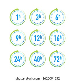 12, 24, 48, 72 hours clock arrow. Work time effect or delivery service time. Vector stock illustration.
