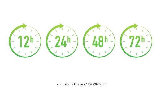 12, 24, 48, 72 hours clock arrow. Work time effect or delivery service time. Vector stock illustration.